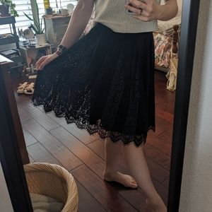 Max Studio lace skirt, black and navy, color blocking, pleated